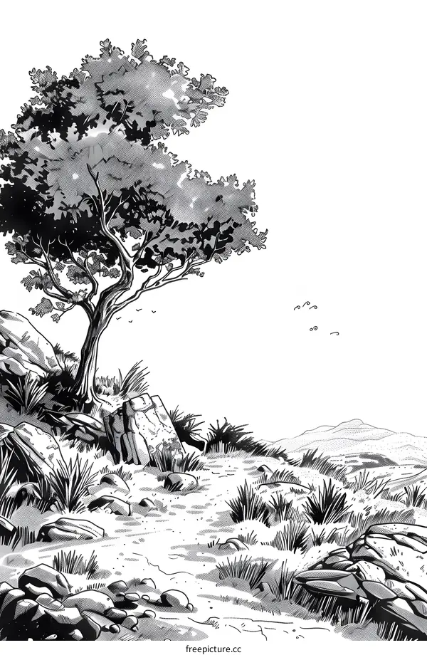 Black and White Illustration of a Tree and Rocks
