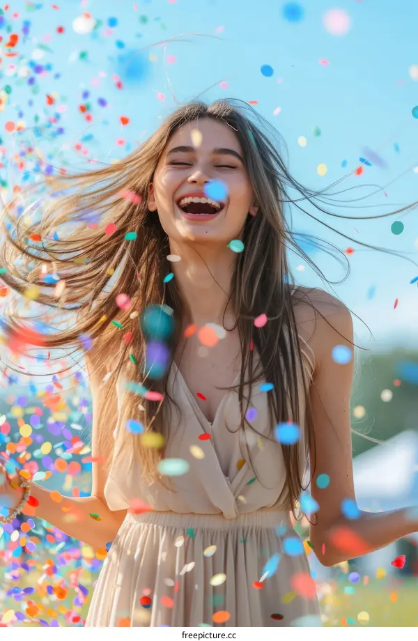 Laughing woman throwing colorful confetti in the air