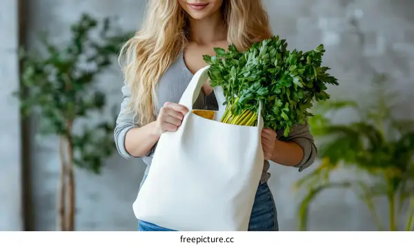 Woman carrying a white reusable shopping bag with fresh herbs