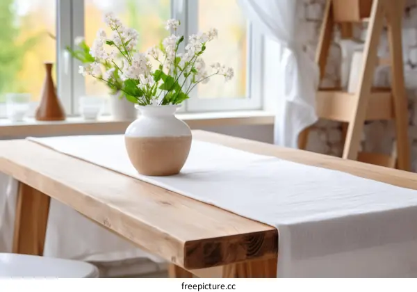 White Flowers in a Ceramic Vase on a Wooden Table