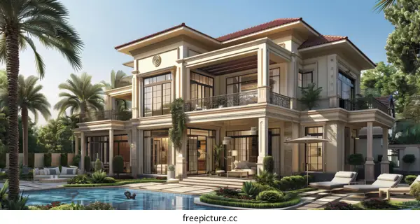 Large luxury house with pool and palm trees