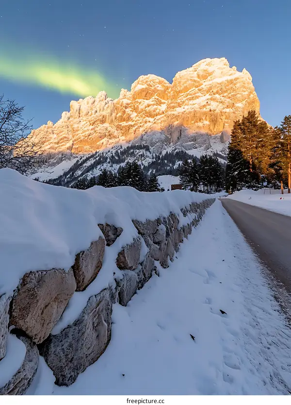 Snow Covered Mountain Road with Aurora Borealis in the Sky