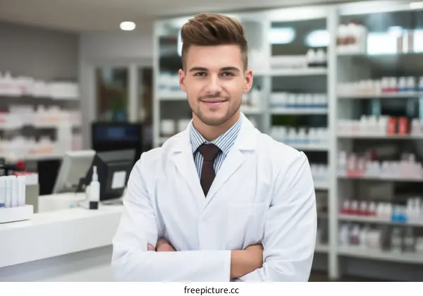 Portrait of a smiling young male pharmacist in a drugstore