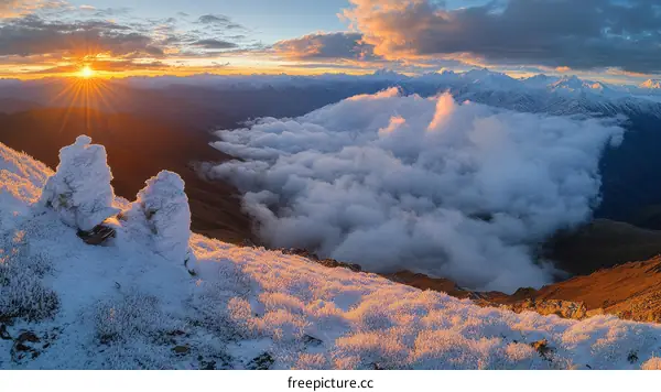 Majestic Sunrise over Snowy Mountain Peaks and Cloudscape