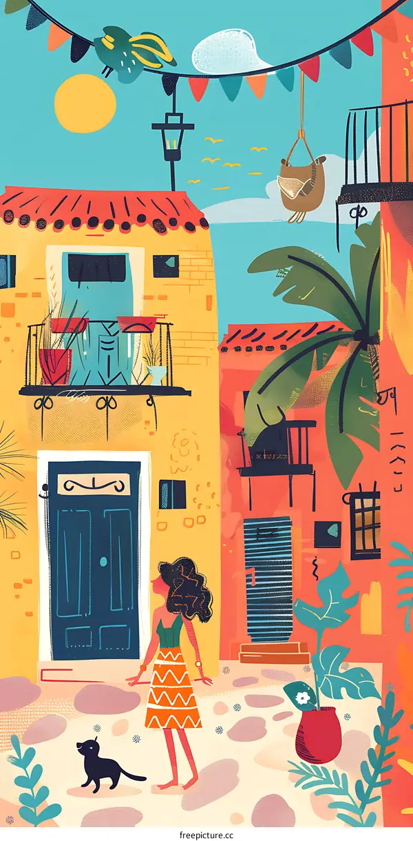 Colorful Illustration Of A Woman Walking Her Dog In A Tropical City