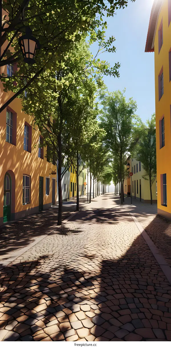 Cobblestone Street Lined With Trees and Buildings