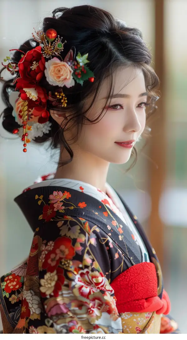 Portrait of a beautiful Japanese woman in traditional kimono