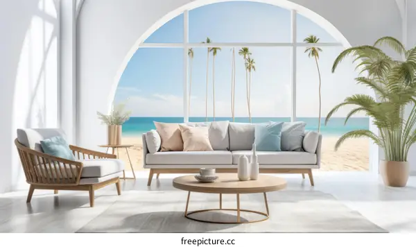 Modern coastal living room interior with curved glass wall and ocean view