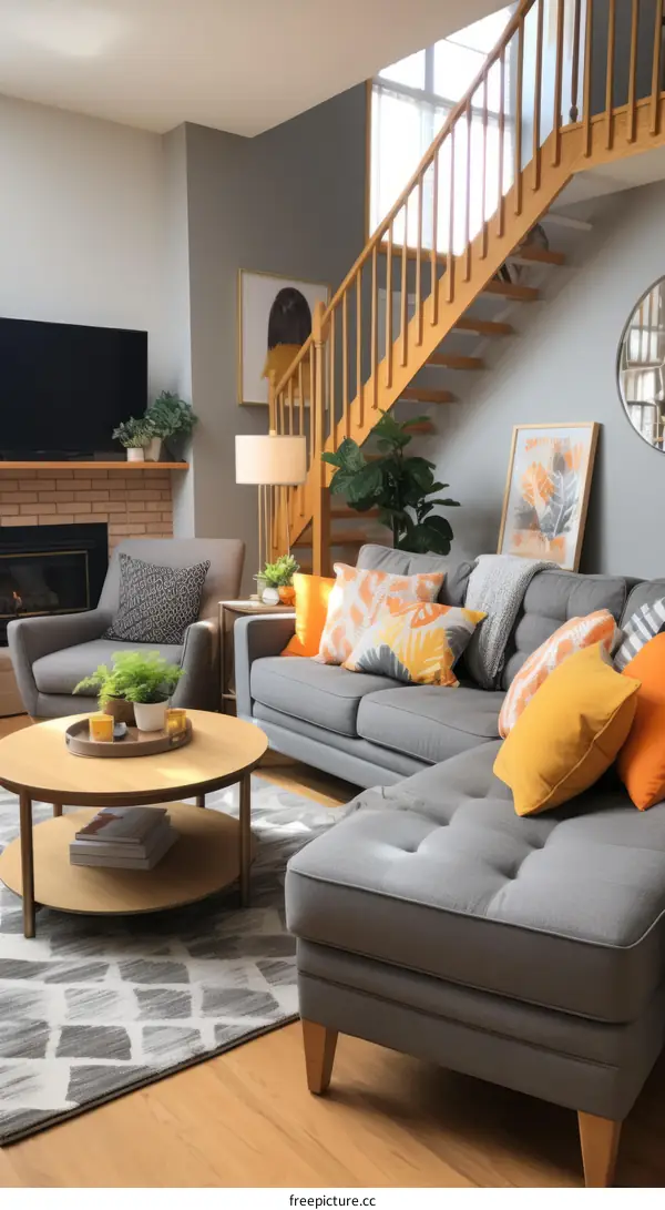 A cozy living room with a gray couch, yellow pillows, and a coffee table