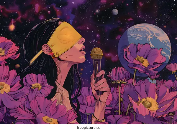 A woman with a blindfold sings into a microphone in a field of flowers with a planet and stars in the background