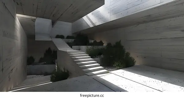 Concrete Staircase Interior Design with Plants and Sunlight