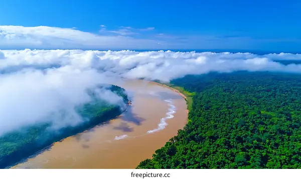 Aerial View of a River Winding Through a Lush Rainforest