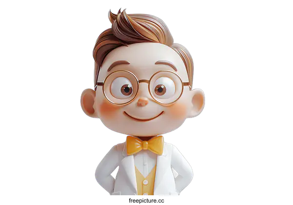 [Transparent Background PNG]3D rendering of a cute cartoon boy with glasses and a bow tie