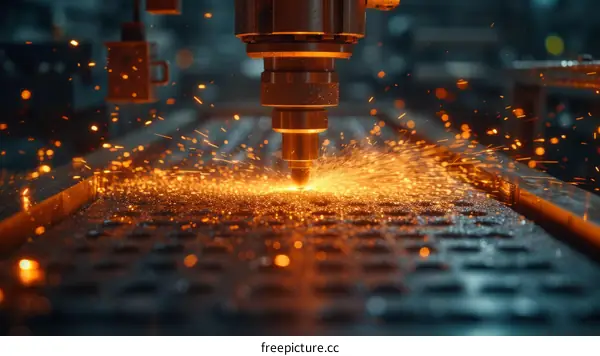 Industrial laser cutting machine in operation, cutting through metal plate with sparks flying