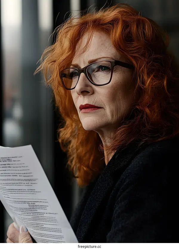 Woman with Red Hair Wearing Glasses Reading a Paper