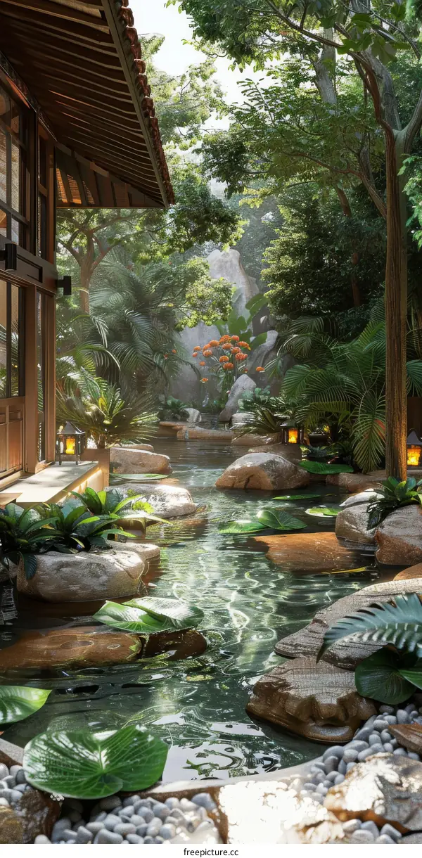 Japanese Style Garden Illustration with a Pond