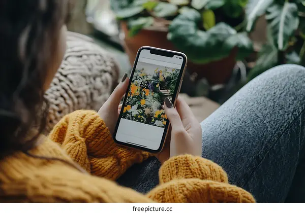 Woman in Yellow Sweater Looking at Phone Screen with Flowers