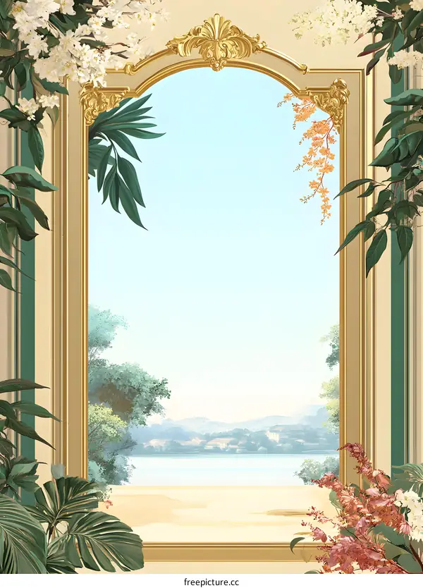 Golden Frame Window View of Landscape with Lake and Mountains