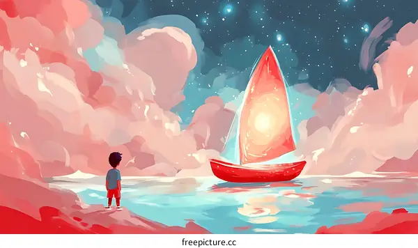 A Boy Stands on the Shore Gazing at a Magical Sailboat