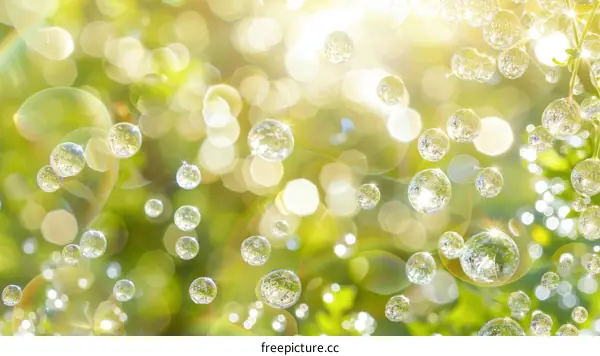 Green leaves with water drops and sun rays shining through