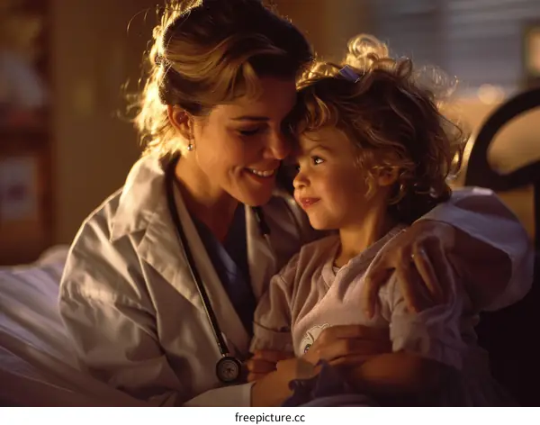 Little girl being comforted by a doctor