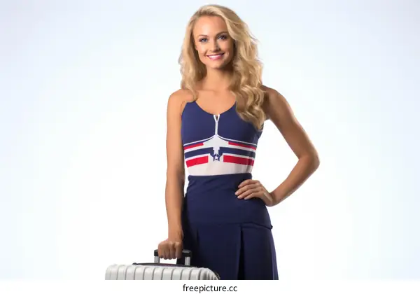 Cheerleader with blond hair and blue eyes posing with a suitcase