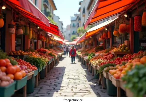 Outdoor European Market Stall with Fresh Produce