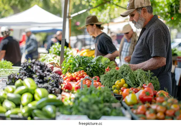 An elderly man shopping for fresh vegetables at a farmers market