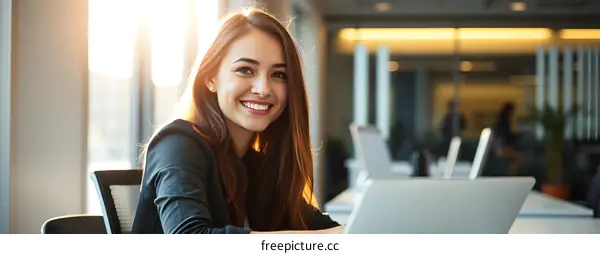 Smiling Businesswoman Working on Laptop in Modern Office