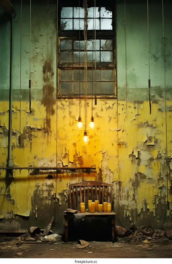 Three light bulbs hanging from the ceiling in an abandoned room