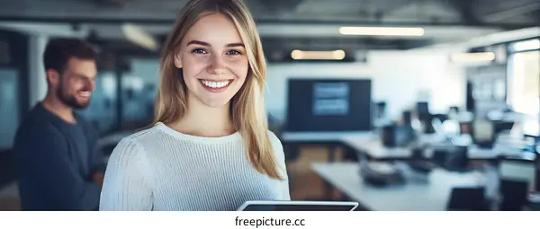 Smiling Businesswoman Using Tablet in Modern Office