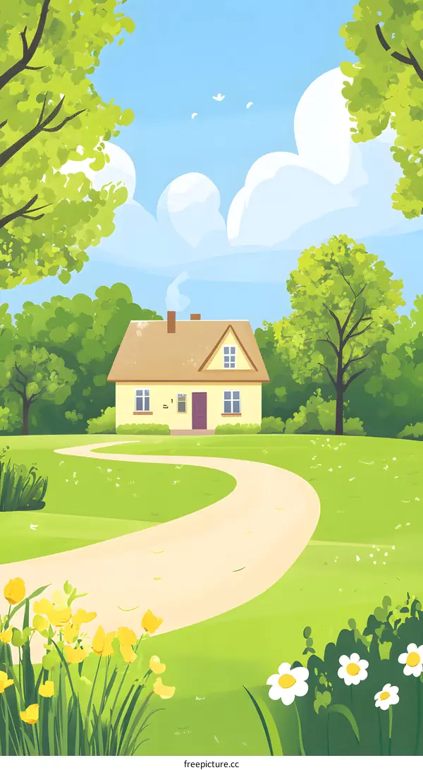 Yellow House with Winding Path in Green Meadow