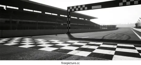 Checkered finish line on a race track with empty grandstands