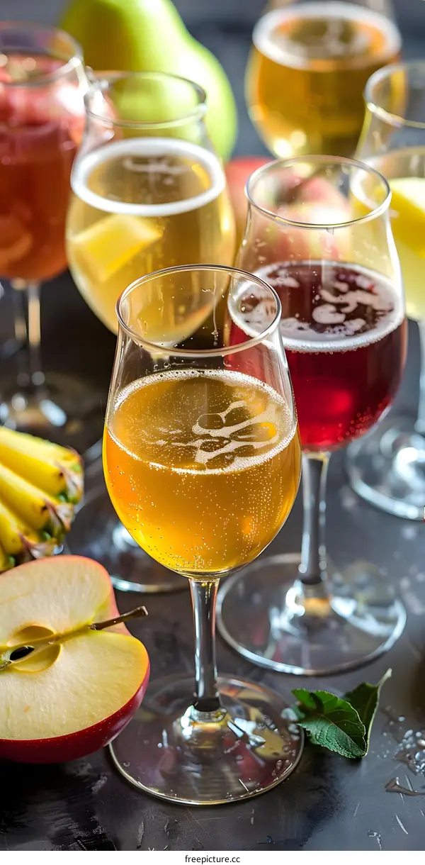 Close up of Different Flavors of Cider in Glasses with Fruit