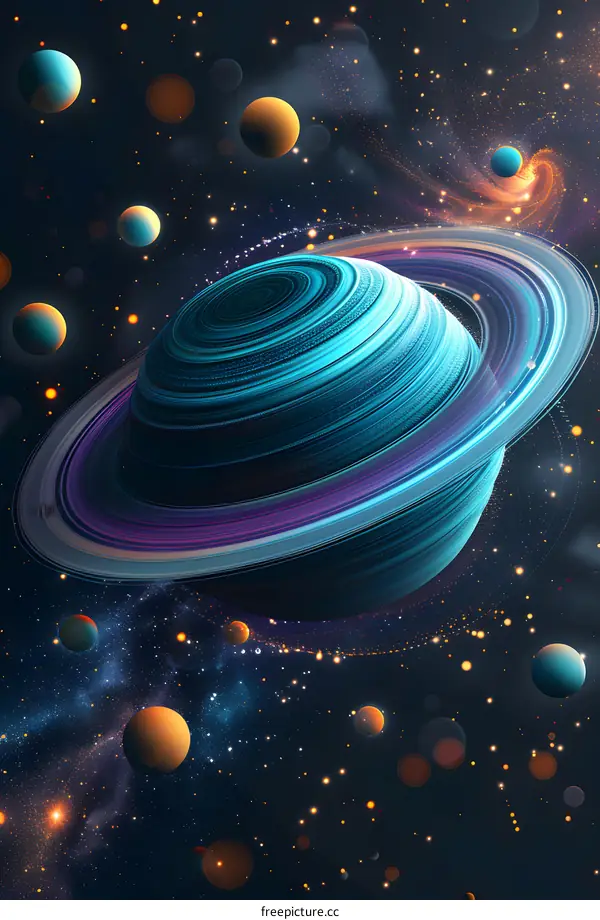 Artistic rendering of a blue planet with a prominent ring system, surrounded by stars and other planets.