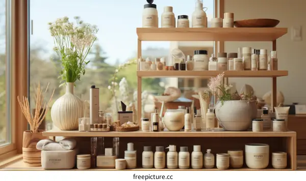 An abundance of natural skincare and beauty products on wooden shelves against a large window