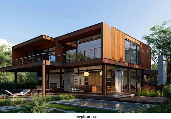 Modern Home Design with a Pool and Rusty Metal Exterior
