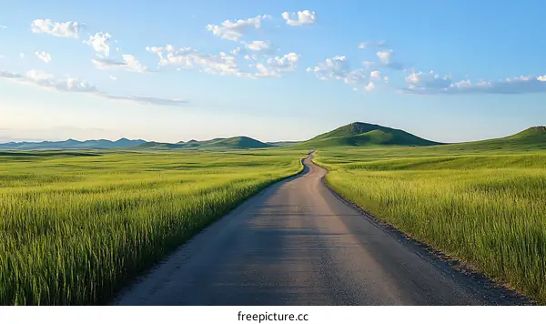 Country Road Through Green Wheat Fields Under a Light Sky