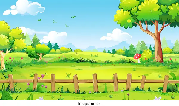 Cartoon Green Landscape With Trees And Fence