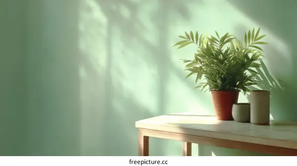 Green Plant in a Pot on a Wooden Table in a Room with Sunlight
