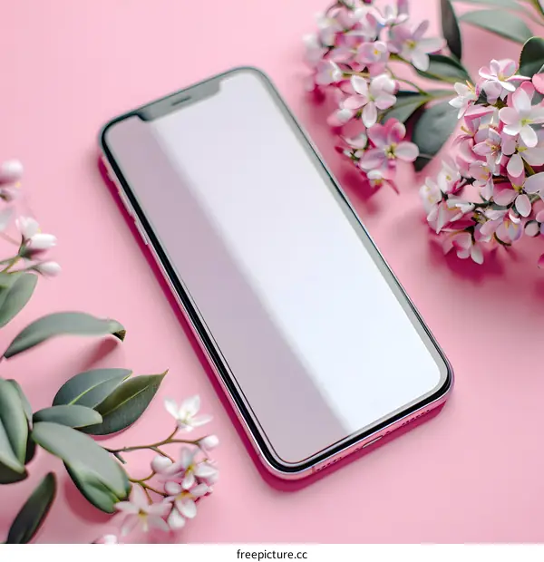 Blank Screen Smartphone on Pink Background with Flowers