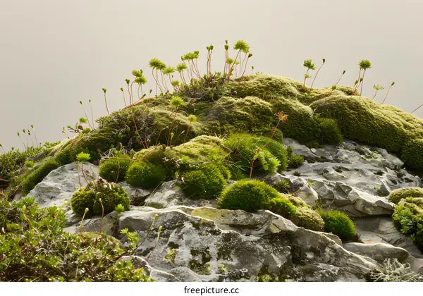 Green Moss Growing on Rocks in a Mountainous Area