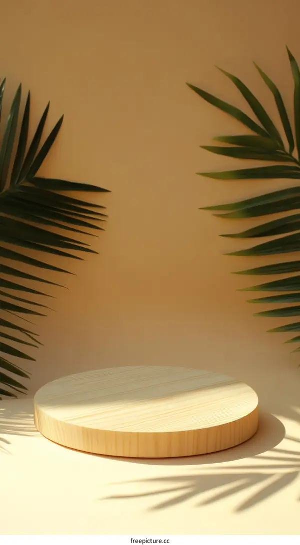 Minimalist Wooden Display Podium with Tropical Leaves