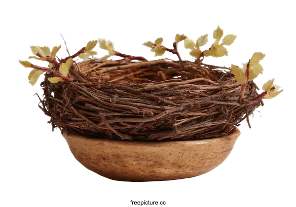 [Transparent Background PNG]Small Bird Nest in a Bowl with Spring Leaves