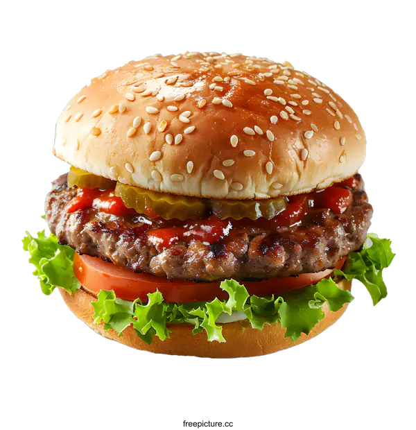 [Transparent Background PNG]Fresh tasty burger with pickles, tomato and lettuce