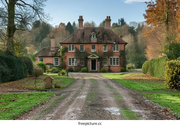 Elegant Country House with Long Driveway in Autumn