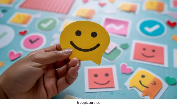 A hand holding a yellow paper cut out of a smiley face