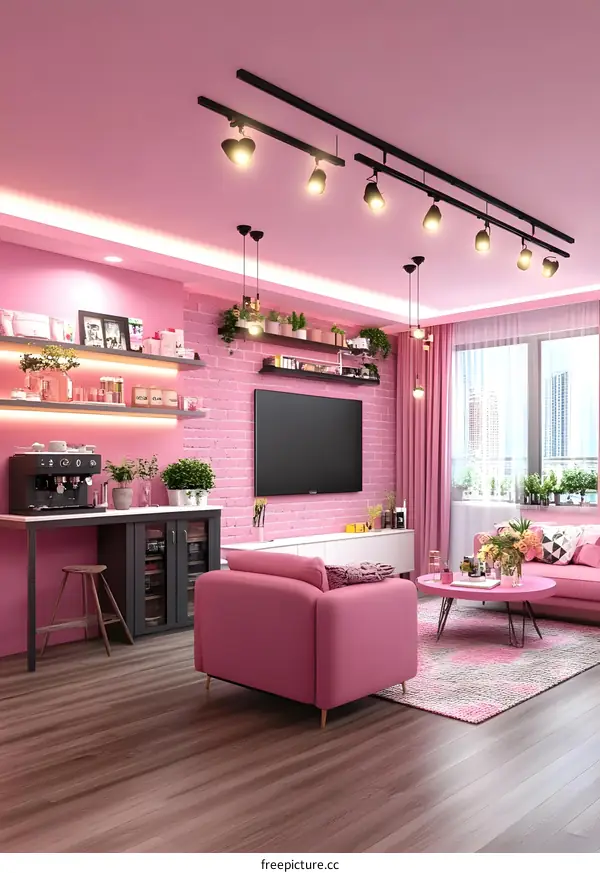 Pink Living Room Interior Design With Brick Wall