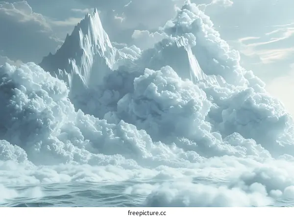 Mystical floating island with a mountain peak rising above the clouds