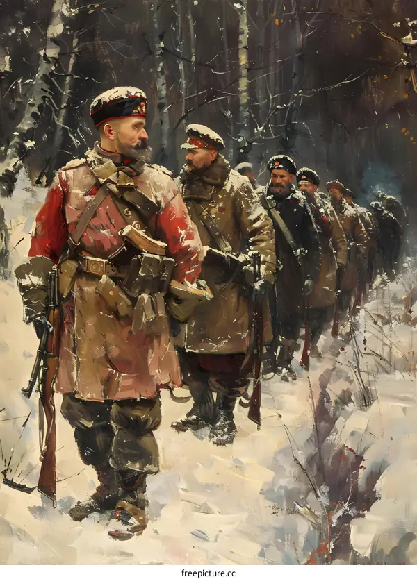 Russian Soldiers Marching Through a Snowy Forest During Winter